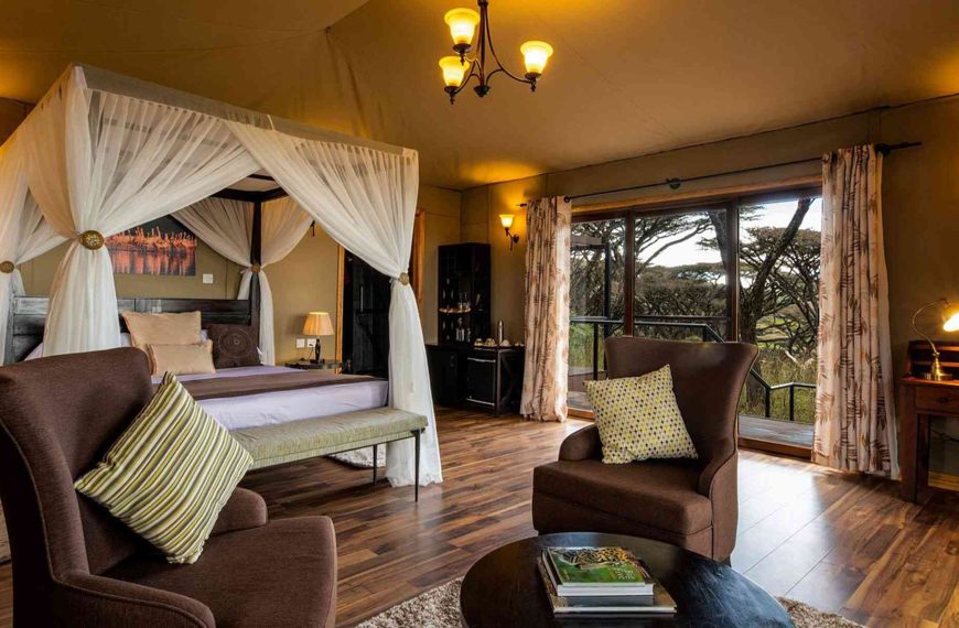 Best Tanzania Safari Packages for Every Budget | Affordable to Luxury Safaris 3 Luxury safari lodge in Tanzania overlooking wildlife plains 1