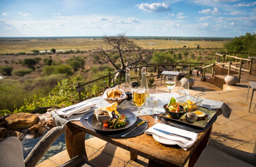 Luxury safari lodge overlooking savannah