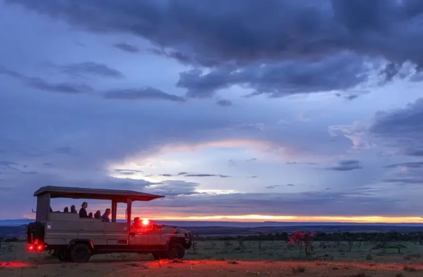 Safari vehicle driving in Serengeti during sunset